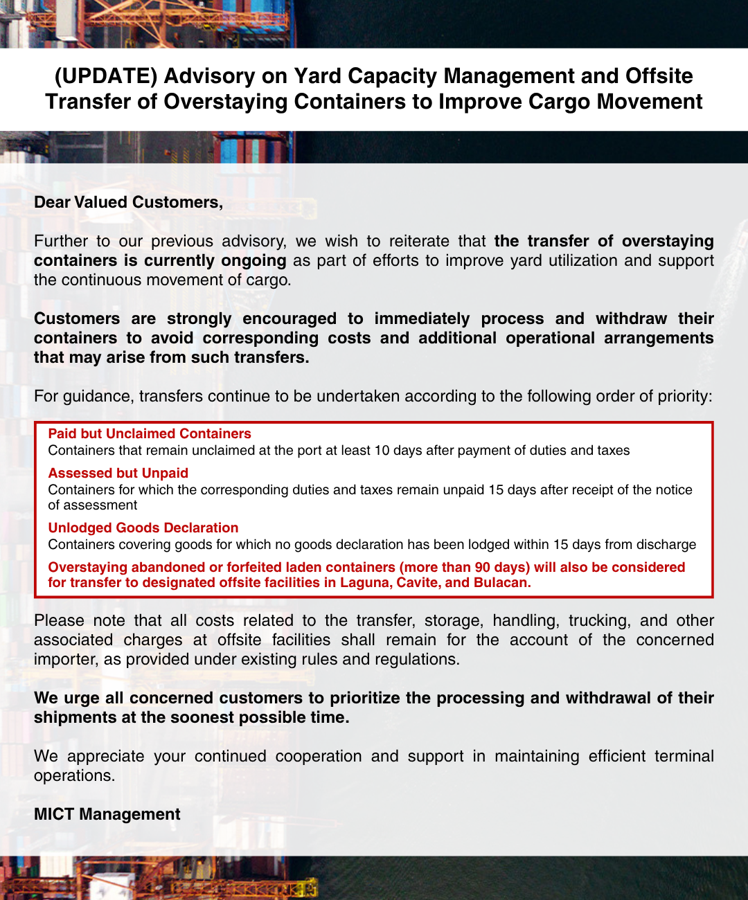Advisory (UPDATE) Advisory on Yard Capacity Management and Offsite Transfer of Overstaying Containers to Improve Cargo Movement